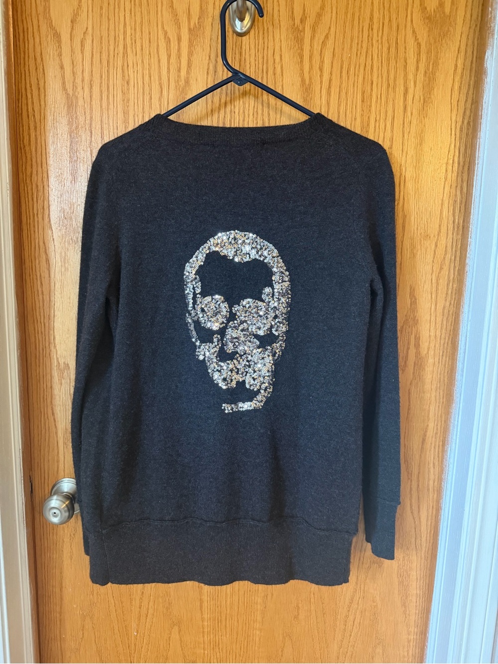 360 Cashmere Charcoal Button up Cardigan Sweater with Sequin Skull